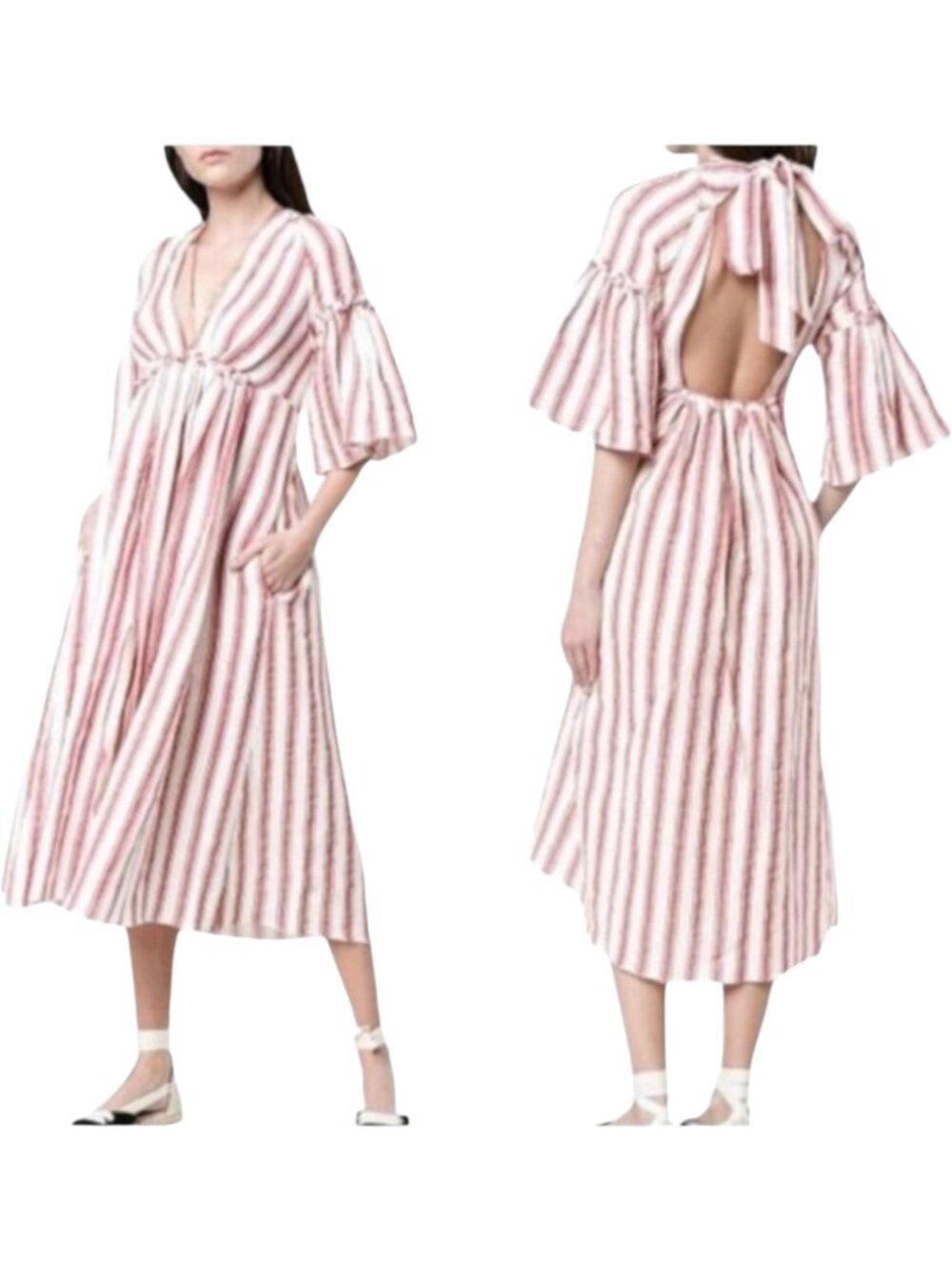 Three Graces London Georgianna Dress Women 6 Red White Striped Linen Open Back